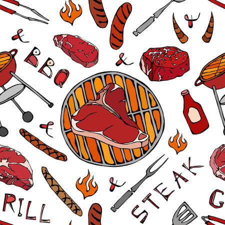 Seamless Pattern of Summer BBQ Grill Party. Big T-Bone Steak, Sausage, Barbeque Grid, Tongs, Fork, Fire, Ketchup. Hand Drawn Vector Illustration. Savoyar Doodle Styleのイラスト素材