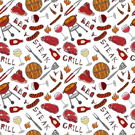 Seamless Pattern of Summer BBQ Grill Party. Glass of Red, Rose and White Vine, Steak, Sausage, Barbeque Grid, Tongs, Fork, Fire, Ketchup. Hand Drawn Vector Illustration. Savoyar Doodle Styleのイラスト素材