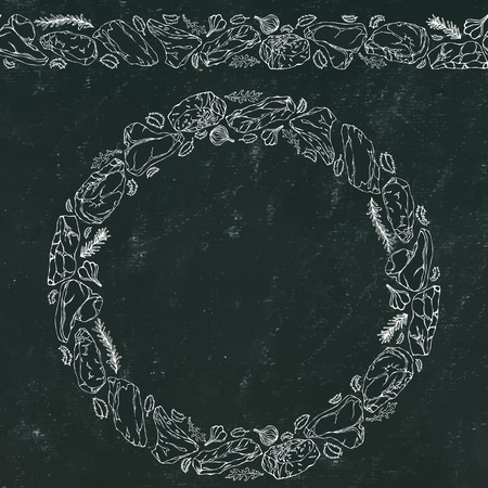 Black Board Background and Chalk. Wreath Round Frame of Popular Steak Types. Steak House Restaurant Menu. Hand Drawn Illustration. Savoyar Doodle Style. Porterhouse, T-bone, New York Strip, Rib Eyeのイラスト素材