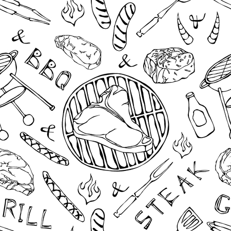 Seamless Pattern of Summer BBQ Grill Party. Big T-Bone Steak, Sausage, Barbeque Grid, Tongs, Fork, Fire, Ketchup. Hand Drawn Vector Illustration. Doodle Styleのイラスト素材