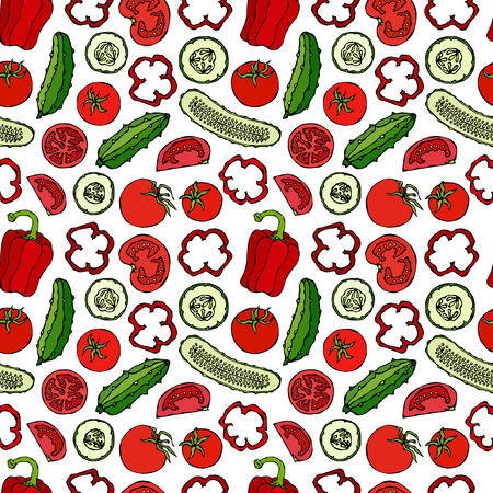 Vector Seamless Pattern with Mini Cucumbers, Red Tomatoes, Bell Pepper and Tomato Slices. Fresh Green Vegetable Salad. Healthy Vegetarian Cuisine. Hand Drawn Illustration. Doodle Styleのイラスト素材