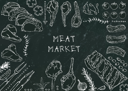 Meat Market. Meat Cuts - Beef, Pork, Lamb, Steak, Boneless Rump, Ribs Roast, Loin and Rib Chops. Tomato, Olives, Bell Pepper, Onion,Garlic Herbs Fork Tongs Black Board Background and Chalkのイラスト素材