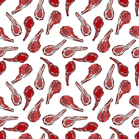 Seamless Endless Pattern with Lamb Ribs or Rack of Lamb. Meat Guide for Butcher Shop or Steak House Restaurant Menu. Hand Drawn Illustration. Doodle Styleのイラスト素材