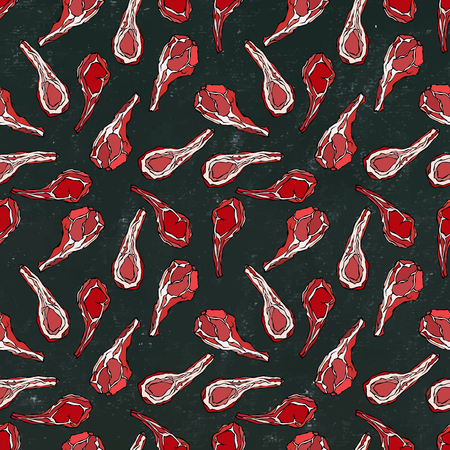 Seamless Endless Pattern with Lamb Ribs or Rack of Lamb. Meat Guide for Butcher Shop or Steak House Restaurant Menu. Hand Drawn Illustration. Doodle Style. Black Board Background and Chalkのイラスト素材