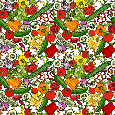 Vegetable Seamless Pattern with Cucumbers, Red Tomatoes, Bell Pepper, Beet, Carrot, Onion, Garlic, Chilli. Fresh Green Salad. Healthy Vegetarian Food. Hand Drawn Illustration. Doodle Styleのイラスト素材