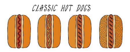 Set of Classic Hot Dogs. For Fast Food Menu. Hand Drawn High Quality Clean Vector Realistic Illustration. Doodle Style.のイラスト素材