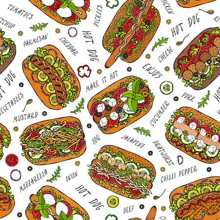 Hot Dog and Lettering Seamless Endless Pattern. Many Ingredients. Restaurant or Cafe Menu Background. Street Fast Food Collection. Realistic Hand Drawn High Quality Vector Illustration. Doodle Styleのイラスト素材