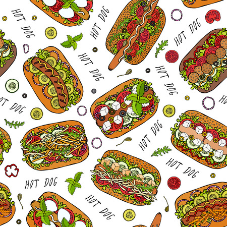 Hot Dog and Lettering Seamless Endless Pattern. Many Ingredients. Restaurant or Cafe Menu Background. Street Fast Food Collection. Realistic Hand Drawn High Quality Vector Illustration. Doodle Styleのイラスト素材