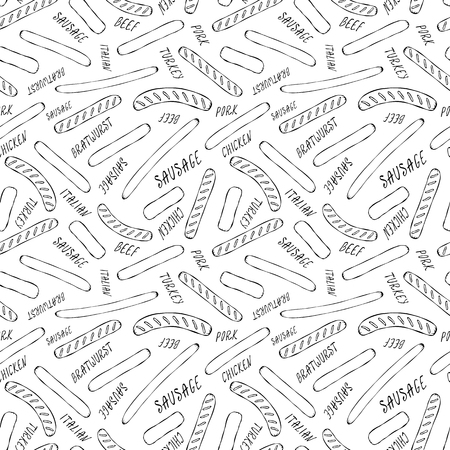 Seamless Endless Background Pattern of Different Sausages and Lettering. Food Collection. Realistic Hand Drawn High Quality Vector Illustration. Doodle Styleの写真素材