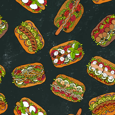 Hot Dog Seamless Endless Pattern. Many Ingredients. Restaurant or Cafe Menu Background. Fast Food Collection. Realistic Hand Drawn High Quality Vector Illustration. Doodle Style. Black Chalkboardのイラスト素材