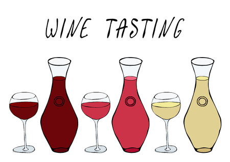 Alcohol Beverage Red, Rose, White Wine in a Decanter and Wine Glasses. Bar Collection. Realistic Hand Drawn High Quality Vector Illustration. Doodle Styleのイラスト素材