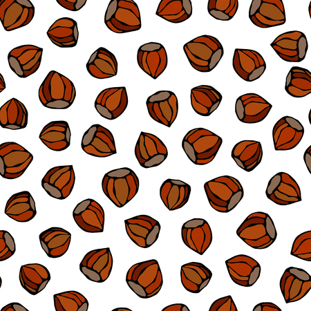 Hazelnut Seamless Endless Pattern. Whole Unpeeled Hazelnut. Autumn or Fall Harvest Collection. Realistic Hand Drawn High Quality Vector Illustration. Doodle Styleのイラスト素材