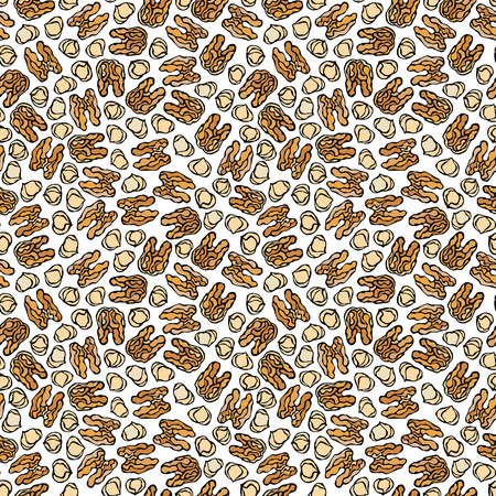 Hazelnut and Walnut Seamless Endless Pattern. Whole Peeled Hazelnut. Autumn or Fall Harvest Collection. Realistic Hand Drawn High Quality Vector Illustration. Doodle Styleのイラスト素材
