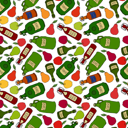 Seamless Endless Pattern of Apple, Pear, Cider in Different Glass Vintage Bottles. Bar Menu. Autumn Harvest Collection. Realistic Hand Drawn High Quality Vector Illustration. Doodle Styleのイラスト素材