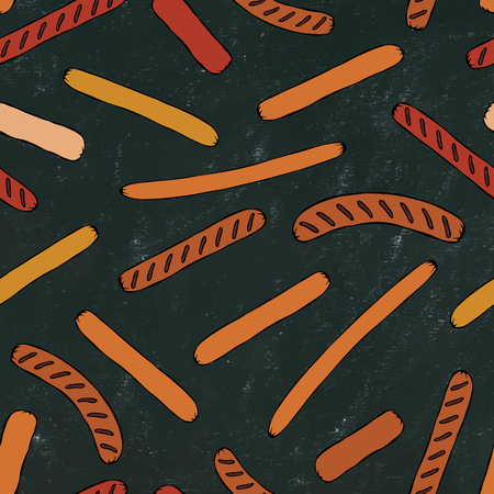 Black Board. Seamless Endless Background Pattern of Different Sausages. Food Collection. Realistic Hand Drawn High Quality Vector Illustration. Doodle Styleのイラスト素材