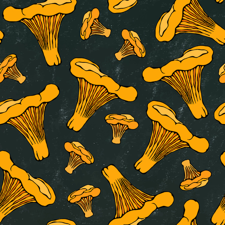 Black Board. Seamless Endless Chanterelle Mushrooms Pattern. Autumn or Fall Harvest Collection. Realistic Hand Drawn High Quality Vector Illustration. Doodle Styleのイラスト素材