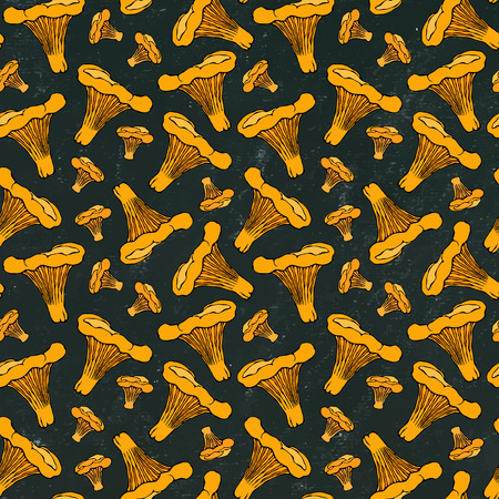 Black Board. Seamless Endless Chanterelle Mushrooms Pattern. Autumn or Fall Harvest Collection. Realistic Hand Drawn High Quality Vector Illustration. Doodle Styleのイラスト素材
