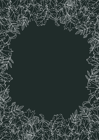 Black Board. Autumn Background Layout Frame with Falling Leaves. Maple Rowan, Oak, Hawthorn, Birch. Red, Orange and Yellow. Realistic Hand Drawn High Quality Vector Illustration. Doodle Styleのイラスト素材