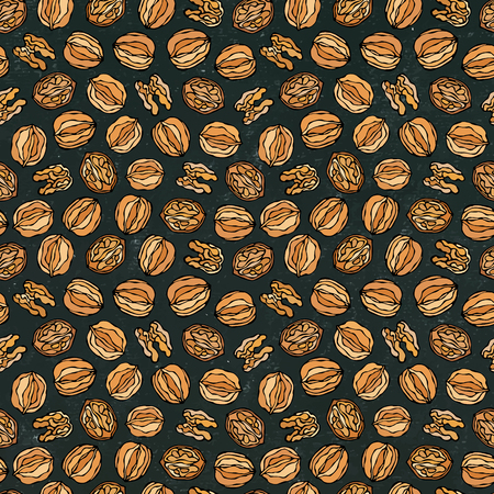 Black Board. Walnut Seamless Endless Pattern. Whole and Peeled Walnuts. Autumn or Fall Harvest Collection. Realistic Hand Drawn High Quality Vector Illustration. Doodle Styleのイラスト素材