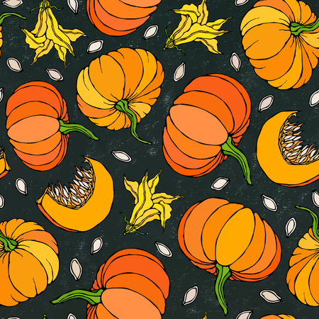 Black Board. Seamless Endless Pattern of Pumpkin. Half of Whole Orange Pumpkins, Flower. Autumn or Fall Vegetable Harvest Collection. Realistic Hand Drawn High Quality Vector Illustration. Doodle Styleのイラスト素材