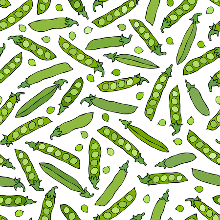 Seamless Endless Pattern of Green Peas and Peeled Pea Pod. Healthy Bio Vegetarian Food. Realistic Hand Drawn High Quality Vector Illustration. Doodle Style.の写真素材