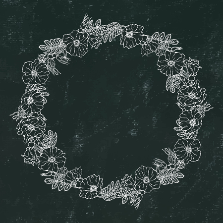 Round Frame with Wild Roses. Summer Flowers Greeting Card or Wedding Background. Hand Drawn Illustration. Doodle Style. Black Board Background and Chalkのイラスト素材