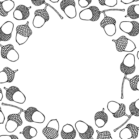 Round Template Background of Brown Acorns. Autumn or Fall Vegetable Harvest Collection. Realistic Hand Drawn High Quality Vector Illustration. Doodle Style.の写真素材