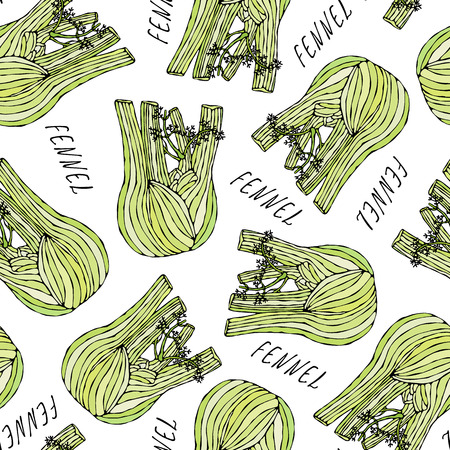Seamless Endless Pattern of Green Fennel Balb. Vegetable Collection. EPS10 Vector. Hand Drawn Doodle Style Realistic Illustrationのイラスト素材