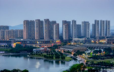 Nanjing New City, Banqiao New District, brightly lit in the evening.のeditorial素材