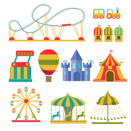 Amusement park vector flat elements isolated on white background. Colorful Ferris wheel, carousel, circusのイラスト素材