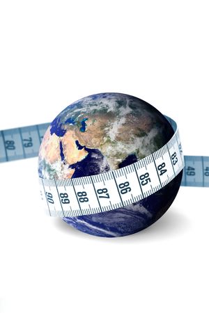Measuring Earth isolated on whiteの写真素材