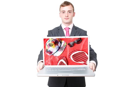 A business man with a laptop openの写真素材