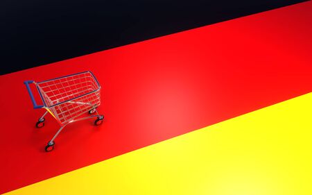 Investment market in Germany. Shopping cart on the background of the flag of the Germany. Consuption in Germany. Economy background. 3d rendering.の写真素材