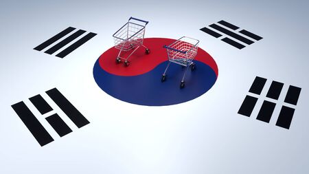 Investment market in South Korea. Shopping cart on the background of the flag of South Korea. 3d rendering.の写真素材