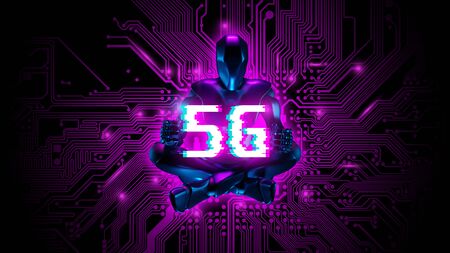 Cyborg using 5G network digital hologram. 5G network wireless technology. High-speed mobile...
