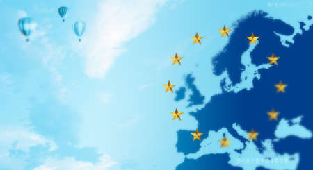 Flag of European Union and map of Europe background. Eu sign. Copy spaceの写真素材