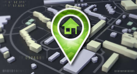 Real estate, house for sale, installment sale, credit, rent. The best location. Illustration of real estate infographic pointing to the house.の写真素材