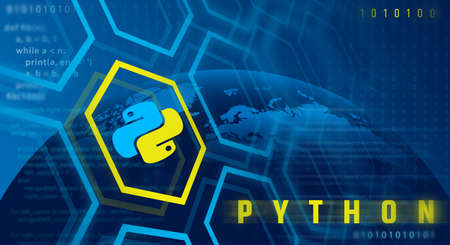 Python coding language sign. Device, programming, developing concept.のeditorial素材