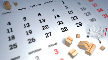 Shopping cart and packages on the background of the calendar. Installment sale. Credit for purchases. Interest. Christmas promotions. Shopping cart and calendar reminder.の写真素材