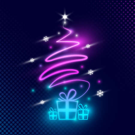 Shiny Christmas tree with gifts - design holiday background. Glow Greeting Card with Christmas Tree and Giftsの写真素材