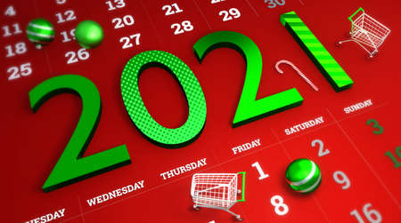 3D symbol of the upcoming new year. Shopping cart and numbers in green color 2021 on a red...