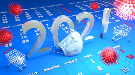 Concept of New 2021 in business. Medical mask and calendar 2021.