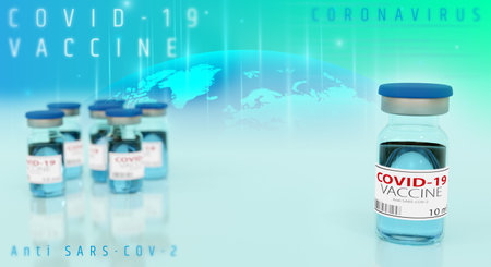 COVID-19 coronavirus vaccine development and clinical trial. Vial, injection syringe with drugs dose. RNA vaccine mRNA-1273 against coronavirus, SARS-CoV-2 virus disease. 3D pharmaceuticals backgroundの写真素材