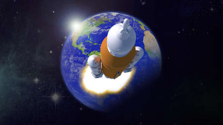 Space rocket on the background of the Earth.