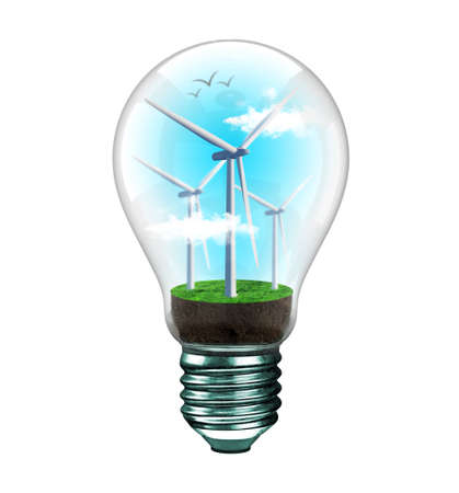 Lightbulb and a wind turbines isolated on white background. Alternative energy concept.の写真素材