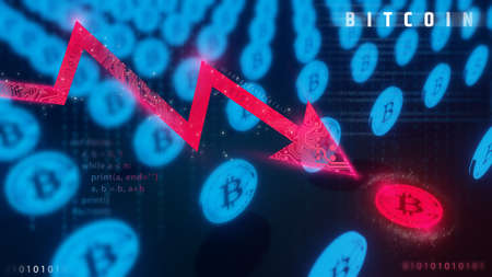 Bitcoin (BTC) price falls. Bitcoin Is Going to Crash. Bitcoin declines. Bitcoin Cryptocurrency Price Pulls Back.の写真素材