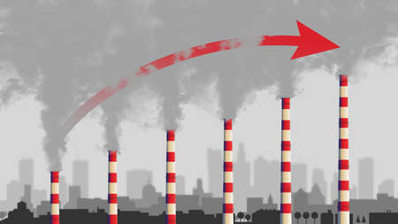 Air pollution from smoke coming out of factory chimneys. A growing graph with an arrow.の写真素材