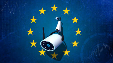 Security camera with the flag of EU. Security system concept.の写真素材