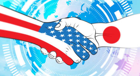 US and Japan make an arrangement. Handshake US and Japan. US â Japan relations.の写真素材