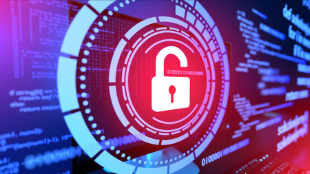Digital data security and privacy concept: digital open padlock on chain. Personal or business information protection background. Cybercrime or network hacker attack.の写真素材